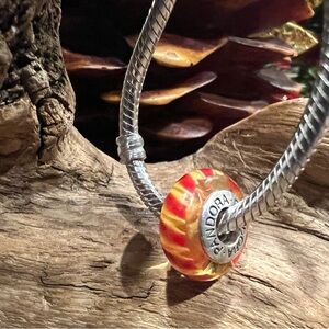 Authentic Pandora Murano Red and Orange Stripes Glass Bead Candy Cane Christmas